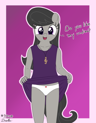 Size: 2861x3665 | Tagged: suggestive, artist:deserter, artist:tolpain, abstract background, anthro, banned from derpibooru, clothes, collaboration, cute, earth pony, female, imported from twibooru, innocent, lolicon, looking at you, octavia melody, panties, skirt, skirt lift, smiling, solo, tavibetes, underage, underwear, white underwear, young, younger