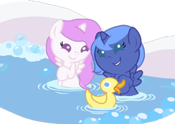Size: 1440x1018 | Tagged: safe, artist:oumirot, princess celestia, princess luna, alicorn, baby, baby pony, cewestia, cute, cutelestia, duck, female, filly, filly luna, foal, g4, imported from derpibooru, lunabetes, pink-mane celestia, pony, royal sisters, s1 luna, siblings, simple background, sisters, transparent background, woona, younger