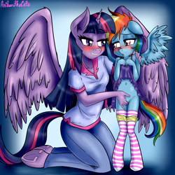 Size: 3000x3000 | Tagged: explicit, artist:anibaruthecat, rainbow dash, twilight sparkle, age difference, alicorn, anthro, banned from derpibooru, belly button, blushing, clothed sex, clothes, dress, female, filly rainbow dash, fingering, frilly underwear, imported from twibooru, lesbian, lip bite, lolicon, molestation, panties, panties around legs, panties pulled down, pegasus, personal space invasion, ribbon, sex, shipping, skirt, skirt lift, socks, stockings, striped socks, thigh highs, this will end in jail time, this will end in timeline distortion, twidash, twilest dashle, twilight is a foal fiddler, underage, underhoof, underwear, unguligrade anthro, vaginal secretions, yellow underwear, younger