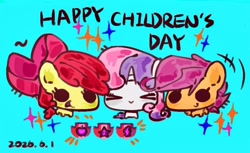 Size: 1109x680 | Tagged: safe, artist:apiplej, apple bloom, scootaloo, sweetie belle, :d, ><, blue background, chibi, chibi only, children's day, cutie mark crusaders, cyan background, dated, earth pony, eyes closed, female, filly, foal, full body, g4, horn, imported from derpibooru, open mouth, open smile, pegasus, pony, simple background, smiling, sparkles, text, unicorn
