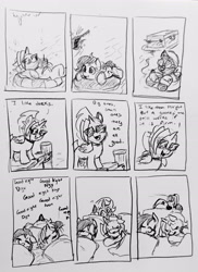 Size: 2296x3148 | Tagged: safe, artist:pony quarantine, oc, oc:dyx, oc:filly anon, oc:nyx, series:pq funnies, alicorn, blanket, comic, comic strip, dialogue, earth pony, eyes closed, female, filly, foal, game boy, goggles, grayscale, hat, headphones, imported from derpibooru, inner tube, innuendo, lying down, monochrome, on back, open mouth, open smile, pencil drawing, pier, pony, pool toy, prone, sleeping, smiling, sunglasses, swimming, swimming cap, talking to viewer, traditional art, trio, trio female, video game console, water wings