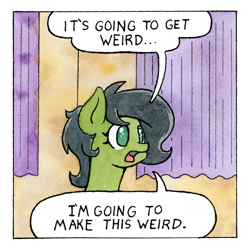 Size: 1013x1013 | Tagged: safe, artist:lost marbles, oc, oc:filly anon, curtains, dialogue, earth pony, female, filly, foal, imported from derpibooru, open mouth, pony, solo, speech bubble, traditional art