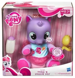 Size: 358x373 | Tagged: safe, photographer:absol, ages 3+, baby, baby lily (g4), baby pony, baby powder, box, box cover, clothes, cute, dialilys, diaper, dress, electronic toy, female, filly, foal, g4, g4 logo, hasbro, hasbro logo, horn, implied tickling, imported from derpibooru, irl, lily (g4), logo, my little pony logo, photo, pony, rattle, shirt, simple background, sitting, skirt, so soft, so soft tickle 'n gigglin' lily, toy, try me, tutu, unicorn, white background, younger