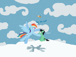 Size: 1600x1200 | Tagged: safe, rainbow dash, oc, oc:colt anon, anonymous artist, cloud, cloudy, colt, dialogue, duo focus, earth pony, female, flying, foal, g4, head pat, hole, hoof under chin, imported from derpibooru, lineless, looking at each other, looking at someone, male, mare, messy mane, messy tail, no pupils, nodding, outdoors, pat, pegasus, pony, sitting, smiling, snow, snowfall, stallion, tail, trio
