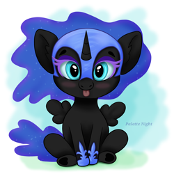 Size: 2150x2150 | Tagged: safe, artist:palettenight, :p, alicorn, armor, big eyes, blushing, chibi, child, commission, cute, female, filly, filly nightmare moon, foal, g4, hoof heart, horn, imported from derpibooru, looking at you, mlem, nightmare moon, nightmare woon, pegasus, pony, silly, simple background, sitting, smiling, smol, solo, stars, tongue out, underhoof, unicorn, ych result, your character here
