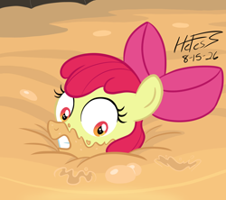 Size: 2000x1778 | Tagged: safe, artist:hefess, apple bloom, apple bloom's bow, bow, bubble, earth pony, female, filly, foal, g4, gritted teeth, hair bow, imported from derpibooru, looking down, peril, pony, quicksand, scared, signature, sinking, solo, teeth, wide eyes