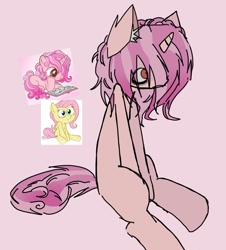 Size: 1337x1476 | Tagged: safe, artist:mokywow, fluttershy, oc, blank flank, book, commission, curly hair, curly mane, curly tail, female, filly, filly oc, foal, g4, horn, imported from derpibooru, one eye covered, pegasus, pony, red eyes, reference used, simple background, sitting, solo, tail, two toned mane, unicorn, unicorn horn, unicorn oc