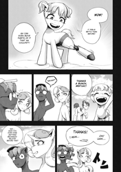 Size: 1165x1654 | Tagged: safe, artist:begoliah, button mash, sweetie belle, comic:crusaders, amputee, chipped tooth, comic, earth pony, facial hair, female, filly, foal, g4, horn, imported from derpibooru, male, mare, monochrome, older, older button mash, older sweetie belle, open mouth, prosthetic leg, prosthetic limb, prosthetics, raised hoof, smiling, stallion, unicorn, waving