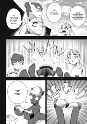 Size: 1165x1654 | Tagged: safe, artist:begoliah, button mash, sweetie belle, comic:crusaders, amputee, comic, earth pony, facial hair, female, filly, foal, g4, horn, imported from derpibooru, male, monochrome, older, older button mash, older sweetie belle, pony, prosthetic leg, prosthetic limb, prosthetics, repairing, sitting, stallion, unicorn