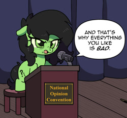 Size: 685x638 | Tagged: safe, artist:anonymous, oc, oc:filly anon, curtains, drawthread, earth pony, earth pony oc, female, filly, floppy ears, foal, imported from derpibooru, microphone, oc only, one-panel comic, open mouth, podium, ponified comic, pony, post flag:none, requested art, solo, speech bubble, stage, stool