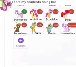Size: 1200x1054 | Tagged: safe, apple bloom, button mash, diamond tiara, scootaloo, sweetie belle, cheerilee, colt, cutie mark crusaders, earth pony, edit, female, filly, foal, g4, horn, imminent death, imported from derpibooru, male, meme, meta, pegasus, pony, snails, snips, student, swearing, teacher, twist, twitter, unicorn, vulgar