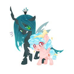 Size: 2360x2360 | Tagged: safe, artist:gan qian amame, queen chrysalis, blushing, bow, changeling, changeling queen, cozy glow, crown, female, filly, foal, freckles, full body, g4, gritted teeth, hair ribbon, hoof on cheek, imported from derpibooru, jewelry, looking at each other, looking at someone, mare, multiple girls, pegasus, pony, raised hoof, regalia, ribbon, simple background, sparkles, spread wings, tail, tail bow, teary eyes, teeth, white background, wings, yellow ribbon