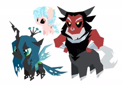 Size: 2388x1668 | Tagged: safe, artist:duvivi, queen chrysalis, artist name, centaur, changeling, changeling queen, chibi, cozy glow, female, filly, flying, foal, full body, g4, hand on hip, imported from derpibooru, lineless, lord tirek, mare, pegasus, pony, simple background, taur, text, v-shaped eyebrows, watermark, white background