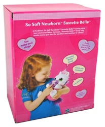 Size: 437x527 | Tagged: safe, photographer:absol, baby, baby belle (g3), baby pony, backcard, box, box art, box cover, carrying, clothes, cute, electronic toy, female, filly, foal, g3, hasbro, hasbro logo, heart, heart eyes, holding, horn, human, human female, imported from derpibooru, irl, irl human, logo, newborn cuties, official, pacifier, photo, pony, shirt, short sleeves, simple background, so soft, so soft newborn sweetie belle (g3), speech bubble, sweetie belle (g3), sweetiebetes, target demographic, toy, unicorn, white background, wingding eyes