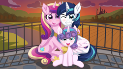 Size: 9600x5400 | Tagged: safe, artist:cyanlightning, princess flurry heart, shining armor, .svg available, absurd resolution, alicorn, blushing, bridge, commission, cute, ear fluff, family, family photo, farm, father and child, father and daughter, female, filly, filly flurry heart, foal, folded wings, g4, grin, horn, hug, husband and wife, imported from derpibooru, male, mare, mother and child, mother and daughter, older, older flurry heart, one eye closed, one wing out, open mouth, open smile, outdoors, parents and child, pony, princess cadance, shining adorable, ship:shiningcadance, shipping, smiling, spread wings, stallion, straight, sunset, tree, unicorn, vector, wallpaper, wide smile, wings, wink