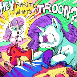 Size: 2000x2000 | Tagged: safe, artist:thekuto, rarity, sweetie belle, colorful, female, filly, foal, g4, horn, imported from derpibooru, innocence, innocent, innocent child, pony, sewing, sewing machine, shocked, shocked expression, shrunken pupils, siblings, sisters, slur, sweet summer child, unicorn, vulgar