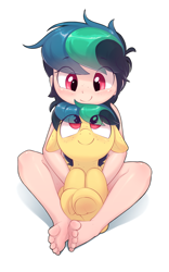 Size: 1762x2831 | Tagged: questionable, artist:shinodage, oc, oc:apogee, banned from derpibooru, barefoot, cuddling, cute, eye clipping through hair, feet, female, filly, frog (hoof), human, human female, human ponidox, humanized, implied nudity, imported from twibooru, lolicon, looking at each other, nudity, oc only, pegasus, pegasus oc, pony, self ponidox, simple background, underage, underhoof, wings