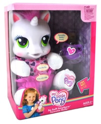 Size: 423x515 | Tagged: safe, photographer:absol, baby, baby belle (g3), baby pony, box, box art, box cover, clothes, cute, electronic toy, female, filly, foal, g3, g3 logo, heart, heart eyes, horn, human, human female, imported from derpibooru, irl, irl human, my little pony logo, newborn cuties, official, pacifier, photo, pony, shirt, short sleeves, simple background, so soft, so soft newborn sweetie belle (g3), sweetie belle (g3), sweetiebetes, target demographic, toy, try me, unicorn, white background, wingding eyes
