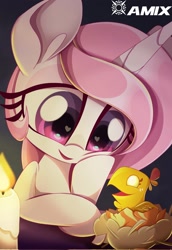 Size: 1406x2048 | Tagged: safe, artist:amix flare, princess celestia, alicorn, amix flare is trying to murder us, baby, big eyes, bird, candle, cewestia, cute, female, filly, foal, g4, heart, heart eyes, imported from derpibooru, open mouth, open smile, pet, philomena, phoenix, pink-mane celestia, smiling, wingding eyes, young, younger