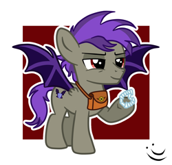 Size: 1300x1252 | Tagged: safe, artist:aislingmoro, oc, oc:grayson, bag, belt, colt, fangs, foal, g4, grin, half bat pony, half pony, hooves, hybrid, hybrid oc, imported from derpibooru, male, my little pony: friendship is magic, oc only, outline, smiling, solo, toy, white outline
