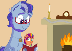 Size: 2000x1413 | Tagged: safe, artist:gosupermarinespitfire, argyle starshine, book, duo, earth pony, father and child, father and daughter, female, filly, filly sunny starscout, fireplace, foal, g5, imported from derpibooru, indoors, male, newbie artist training grounds, pony, stallion, sunny starscout, younger