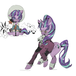 Size: 2000x2000 | Tagged: safe, artist:aufmir, starlight glimmer, ascot, christmas decoration, clothes, coat, crying, female, filly, foal, full body, g4, glasses, high ponytail, horn, imported from derpibooru, looking at you, mare, multiple views, pince-nez, pony, ponytail, purple coat, simple background, sitting, snowfall frost, spats, unicorn, white background, white spats, younger