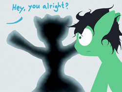 Size: 1600x1200 | Tagged: safe, oc, oc:colt anon, anonymous artist, colt, dialogue, earth pony, foal, frown, g4, hole, implied rainbow dash, imported from derpibooru, lineless, looking at something, male, messy mane, no pupils, offscreen character, outdoors, overhead view, pony, shadow, snow, solo
