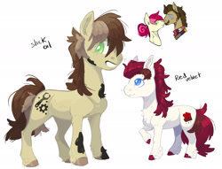 Size: 1920x1467 | Tagged: safe, artist:sandieflower, oc, oc:red velvet, oc:slick oil, alternate hairstyle, brother and sister, colt, doctor whooves, earth pony, facial hair, female, filly, foal, g4, grin, hair bun, imported from derpibooru, male, mare, moustache, offspring, parent:doctor whooves, parent:roseluck, parents:doctorrose, pony, roseluck, ship:doctorrose, shipping, siblings, simple background, smiling, stallion, straight, time turner, white background