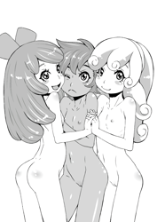 Size: 1718x2428 | Tagged: explicit, artist:okekoba, apple bloom, scootaloo, sweetie belle, ass, banned from derpibooru, blushing, breasts, butt, cutie mark crusaders, delicious flat chest, edit, female, holding hands, human, humanized, imported from twibooru, lolicon, monochrome, nipples, nude edit, nudity, one eye closed, open mouth, trio, trio female, underage, vulva