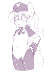 Size: 748x1095 | Tagged: explicit, artist:shinodage, oc, oc:luftkrieg, anthro, banned from derpibooru, belly button, blushing, breasts, clothes, delicious flat chest, female, imported from twibooru, leggings, lolicon, national socialism, nazi hat, oc only, outfit, pasties, pegasus, reverse bunny suit, solo, underage, young