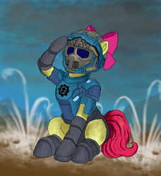 Size: 1198x1313 | Tagged: safe, artist:charlyzambrano, apple bloom, alternate universe, armor, clothes, crossover, digital art, earth pony, female, filly, foal, g4, gears of war, imported from derpibooru, pony, salute, sitting, solo, uniform