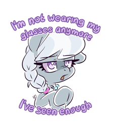 Size: 1508x1672 | Tagged: safe, artist:lou, silver spoon, bust, dialogue, earth pony, female, filly, foal, g4, glasses off, imported from derpibooru, lidded eyes, missing accessory, no glasses, one ear down, open mouth, pony, reaction image, simple background, solo, white background, white pupils