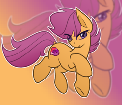 Size: 2923x2500 | Tagged: safe, artist:kalicks343, scootaloo, female, filly, foal, g4, gradient background, imported from derpibooru, outline, pegasus, pony, purple eyes, purple mane, solo, white outline, wingless, zoom layer