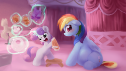 Size: 3911x2200 | Tagged: safe, artist:dulldi, rainbow dash, sweetie belle, fanfic:short stories with pregnant ponies, adorable distress, baby clothes, belly, belly between legs, belly on floor, bib, big belly, blank flank, blushing, booties, carousel boutique, clothes, coat, curtains, cute, detailed background, diasweetes, drapes, duo, embarrassed, fanfic, fanfic art, female, filly, floppy ears, foal, folded wings, g4, glowing, glowing horn, high res, horn, imported from derpibooru, indoors, long eyelashes, looking at something, looking away, looking back, magic, magic aura, magnetic hooves, mannequin, mare, nose wrinkle, open mouth, overalls, patreon, patreon reward, pegasus, pony, preggo dash, pregnant, sensibly-proportioned pregnancy, side view, sitting, sitting on floor, standing on three hooves, story included, telekinesis, unicorn, volumetric mouth, wall of tags, wavy mouth, weapons-grade cute, wide hips, wide load, wings, wool