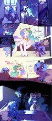 Size: 2538x5800 | Tagged: safe, artist:krembosha_krabi, princess celestia, princess luna, comic, creepy, crying, dialogue, doppelganger, eye clipping through hair, eyebrows, eyebrows visible through hair, female, filly, filly luna, foal, g4, hiding, horror, imported from derpibooru, indoors, jewelry, mare, peytral, pony, regalia, royal sisters, siblings, sisters, sleeping, speech bubble, sweat, this will end badly, trio, waking up, woona, younger