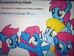 Size: 3643x2747 | Tagged: safe, artist:oumirot, series:oumirot series too many ponies, baby, baby cuddlebetes, baby cuddles, baby pony, cuddlebetes, cuddles (g1), cute, earth pony, female, filly, foal, frown, g1, g1 to g4, g4, generation leap, gritted teeth, imported from derpibooru, mare, open mouth, open smile, photo, picture of a screen, pony, smiling, talking, teddi, teeth, varying degrees of want