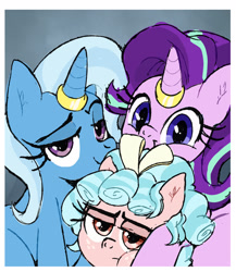 Size: 1376x1582 | Tagged: safe, artist:irishfeller1, starlight glimmer, adopted daughter, adopted offspring, cozy glow, cozy glow is not amused, family photo, female, filly, foal, g4, horn, horn ring, imported from derpibooru, jewelry, lesbian, mare, married couple, married life, passepartout, pegasus, photo, ring, ship:startrix, shipping, trio, trixie, unamused, unicorn, wedding ring