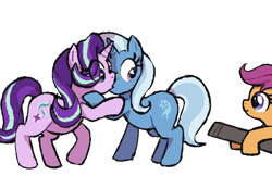 Size: 1600x1108 | Tagged: safe, artist:irishfeller1, scootaloo, starlight glimmer, context in description, female, filly, foal, funny, g4, homophobia, horn, imported from derpibooru, kiss on the lips, kissing, lesbian, mare, meme, pony, pride month, ship:startrix, shipping, simple background, smiling, trio, trixie, unicorn, vacuum cleaner, white background