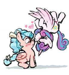 Size: 1340x1456 | Tagged: safe, artist:irishfeller1, princess flurry heart, alicorn, blushing, boop, cozy glow, duo, female, filly, floating heart, flying, foal, g4, heart, imported from derpibooru, lesbian, nuzzling, pegasus, pony, ship:cozyheart, shipping, simple background, upside down, white background