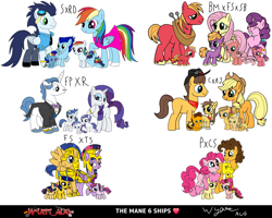 Size: 2000x1600 | Tagged: safe, artist:wyattaulgur, applejack, fluttershy, pinkie pie, rainbow dash, rarity, twilight sparkle, oc, alicorn, alicorn wings, applejack's hat, armor, athena sparkle, baby, baby pony, bandana, base used, big grin, big macintosh, big macintosh's yoke, caramel, cheese sandwich, clothes, colt, colt oc, costume, cowboy hat, dress, earth pony, earth pony oc, eyes closed, eyes open, family, fancypants, feathered wings, female, filly, filly oc, flash sentry, foal, freckles, g4, goggles, grin, hat, horn, horse collar, implied ear hole, implied horn hole, implied wing hole, imported from derpibooru, jewelry, li'l cheese, lidded eyes, little mac, looking at each other, looking at someone, male, mane six, mare, missing cutie mark, nightmare night costume, offspring, pants, parent:applejack, parent:big macintosh, parent:caramel, parent:cheese sandwich, parent:fancypants, parent:flash sentry, parent:fluttershy, parent:pinkie pie, parent:rainbow dash, parent:rarity, parent:soarin', parent:twilight sparkle, parents:carajack, parents:cheesepie, parents:flashlight, parents:fluttermac, parents:raripants, parents:soarindash, pegasus, pegasus oc, pegasus wings, polyamory, pony, ring, ship:carajack, ship:cheesepie, ship:flashlight, ship:fluttermac, ship:raripants, ship:soarindash, ship:sugarmac, ship:sugarshymac, shipping, simple background, smiling, smiling at each other, soarin', stallion, straight, sugar belle, sugarshy, suit, text, unicorn, unicorn oc, uniform, unnamed oc, wedding ring, white background, wings, wonderbolts dress uniform