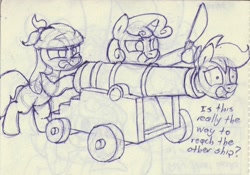 Size: 1312x918 | Tagged: safe, artist:unitxxvii, apple bloom, scootaloo, sweetie belle, bandana, bipedal, cannon, cutie mark crusaders, cutlass, dialogue, earth pony, female, filly, foal, g4, hoof hold, horn, imported from derpibooru, narrowed eyes, open mouth, open smile, pegasus, pen drawing, pinpoint eyes, pirate, pony, pony cannonball, smiling, sword, tongue out, traditional art, trio, trio female, unicorn, weapon