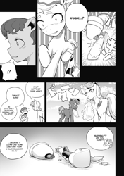 Size: 1165x1654 | Tagged: safe, artist:begoliah, button mash, sweetie belle, comic:crusaders, amputee, broken, butt, chipped tooth, comic, earth pony, female, filly, foal, g4, horn, imported from derpibooru, magic, male, mare, monochrome, mouth hold, older, older button mash, older sweetie belle, plot, pony, prosthetic leg, prosthetic limb, prosthetics, shock, stallion, telekinesis, unicorn