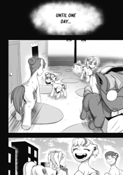Size: 1165x1654 | Tagged: safe, artist:begoliah, button mash, sweetie belle, comic:crusaders, amputee, bag, chipped tooth, comic, earth pony, eyes closed, female, filly, foal, g4, horn, imported from derpibooru, magic, male, mare, monochrome, mouth hold, older, older button mash, older sweetie belle, open mouth, pony, prosthetic leg, prosthetic limb, prosthetics, shopping bag, smiling, stallion, telekinesis, unicorn