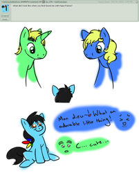 Size: 500x623 | Tagged: safe, artist:askponyiggy-blog, ..., 2013, :o, adopted daughter, adopted offspring, ask, beanbrows, cute, dialogue, digital art, england (hetalia), eyebrows, female, filly, foal, france (hetalia), french, gay, hetalia, imported from derpibooru, male, nation ponies, open mouth, ponified, pony, ponytail, ponytalia, quadrupedal, seychelles (hetalia), ship:fruk, shipping, simple background, sitting, smiling, speech bubble, stallion, stuttering, thick eyebrows, trio, trio male and female, white background