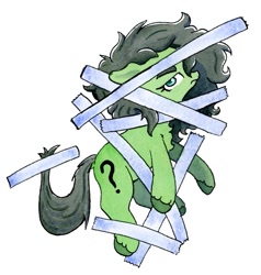 Size: 875x920 | Tagged: safe, artist:lost marbles, oc, oc:filly anon, aside glance, chest fluff, duct tape, earth pony, female, filly, foal, full body, imported from derpibooru, looking at you, looking sideways, oc only, pony, simple background, solo, stuck, tape, taped, unshorn fetlocks, white background