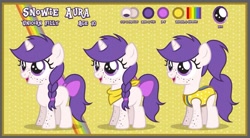 Size: 1249x687 | Tagged: safe, artist:lightning stripe, oc, oc:snowie aura, bandana, clothes, female, filly, foal, freckles, horn, imported from derpibooru, oc only, pony, ponytail, reference sheet, solo, swimsuit, unicorn