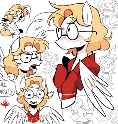 Size: 1392x1458 | Tagged: safe, artist:syrupyyy, ahoge, blushing, canada, canada (hetalia), canadian accent, clothes, colt, dialogue, drugs, feathered wings, foal, giggling, glasses, hehe, hetalia, high, high on drugs, hoodie, imported from derpibooru, joint, kill yourself, male, maple leaf, marijuana, partially open wings, pegasus, ponified, pony, ponytalia, round glasses, self paradox, self ponidox, simple background, sketch, smiling, solo, speech bubble, stallion, white background, wings