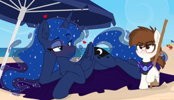 Size: 3424x1973 | Tagged: safe, artist:sherathoz, artist:tolpain, princess luna, alicorn, beach, beach towel, beach umbrella, bedroom eyes, blushing, collaboration, colt, duo, duo male and female, earth pony, ethereal mane, female, foal, g4, heart, imported from derpibooru, lying down, male, mare, missing accessory, outdoors, pipsqueak, pony, ship:lunapip, shipping, sky, starry mane, starry tail, straight, tail