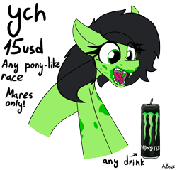 Size: 2122x2029 | Tagged: safe, artist:aubs, oc, oc:filly anon, commission, drink, earth pony, energy drink, eye clipping through hair, eyes on the prize, fangs, female, filly, foal, imported from derpibooru, messy, monster energy, oc only, open mouth, simple background, solo, text, your character here