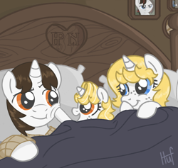 Size: 4096x3878 | Tagged: safe, artist:eohtunere, oc, oc:huf, oc:lore nook, cute, family, female, filly, foal, horn, imported from derpibooru, indoors, married couple, oc only, unicorn